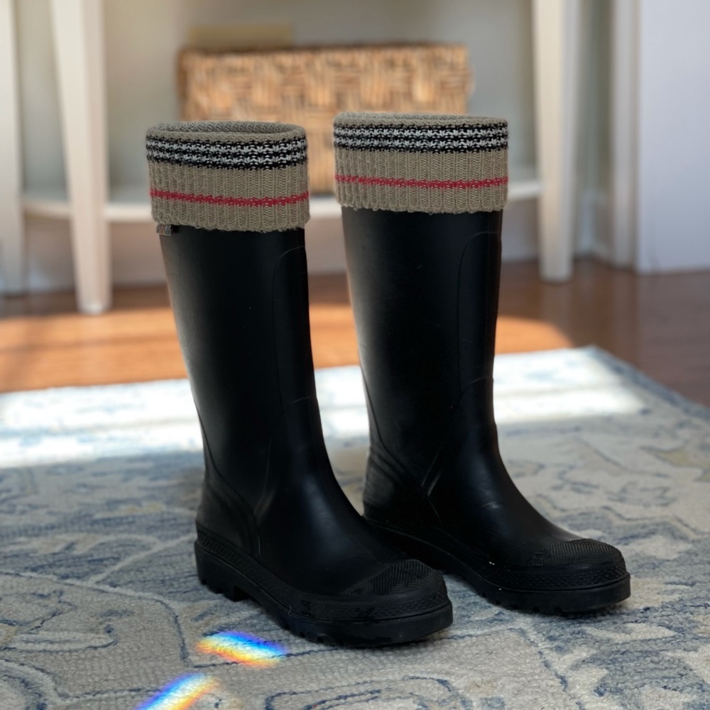 Burberry Knit Top Trim Black Rubber Rain Boots